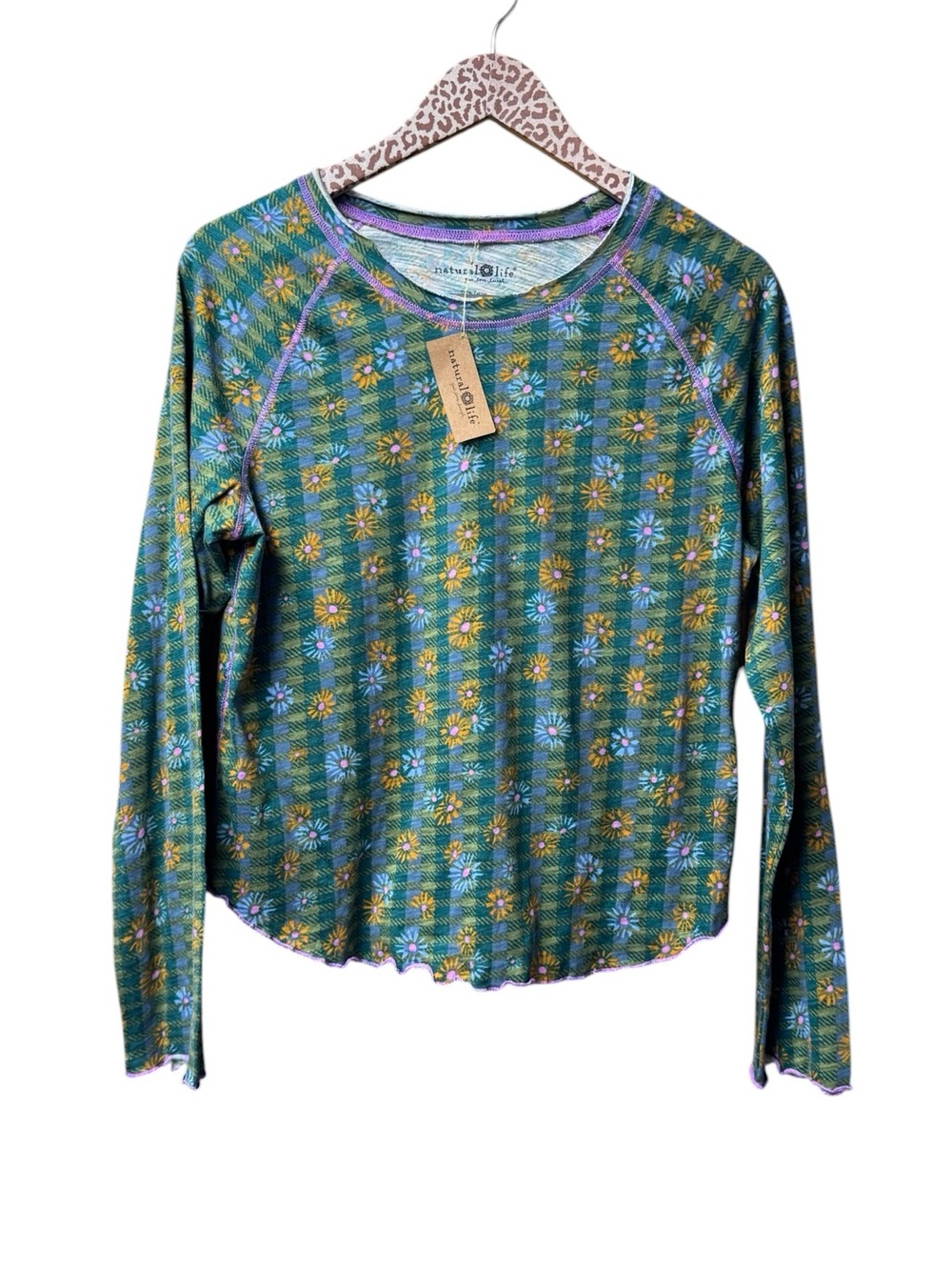 Natural Life Lily Cotton Long Sleeve Tee Shirt Plaid Floral Green Large NEW NWT - Picture 2 of 10